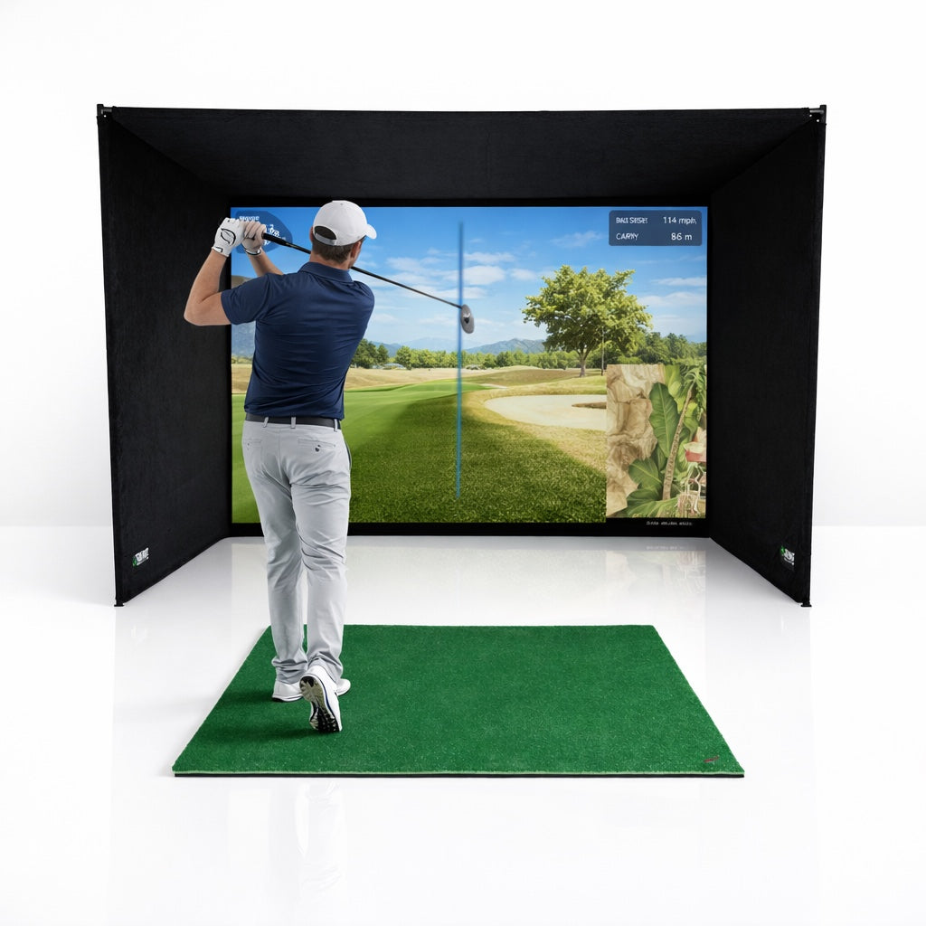 Golf simulator enclosure set up in a home garage