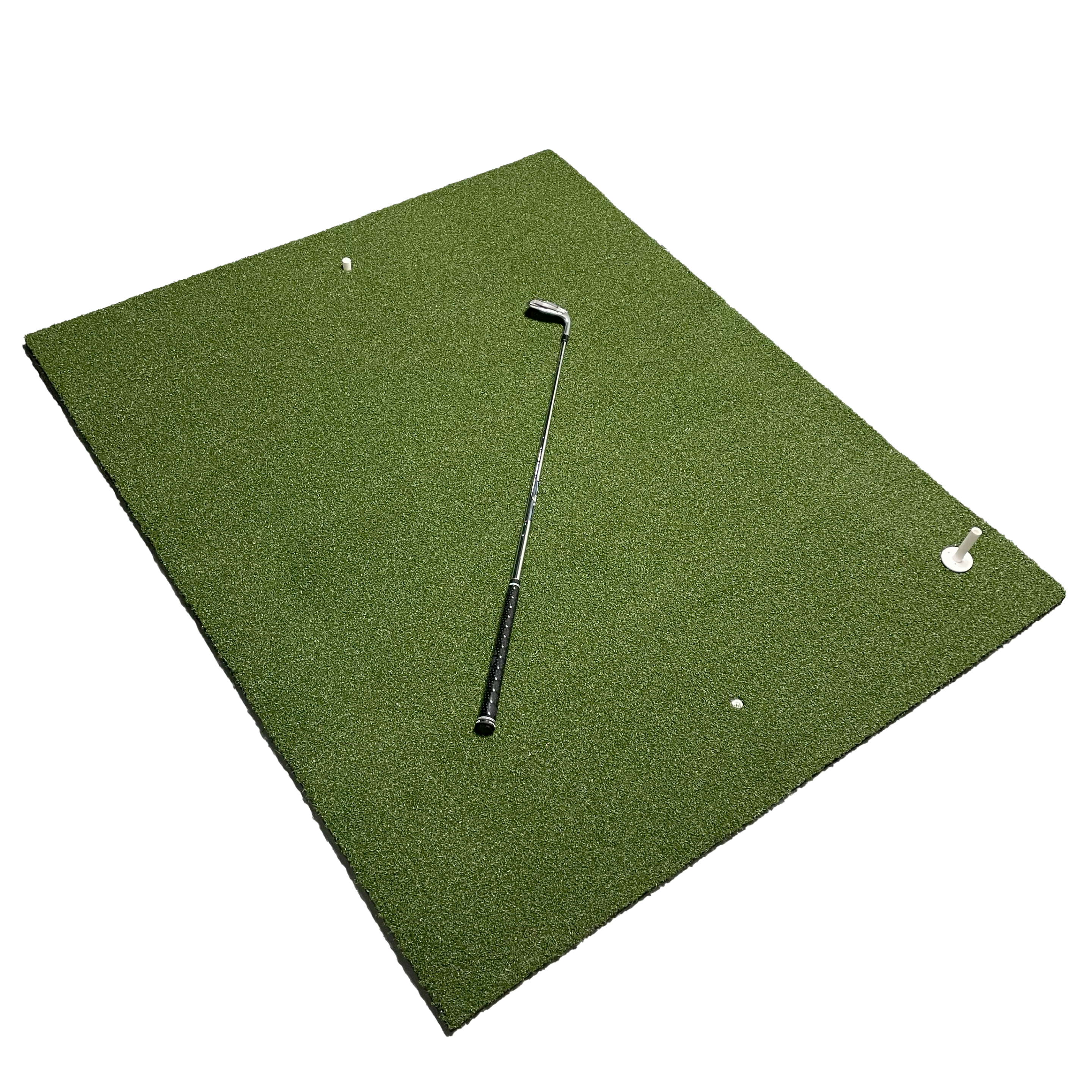 True Launch Hitting Mat 5′ x 5′ angle view with a golf club on it.