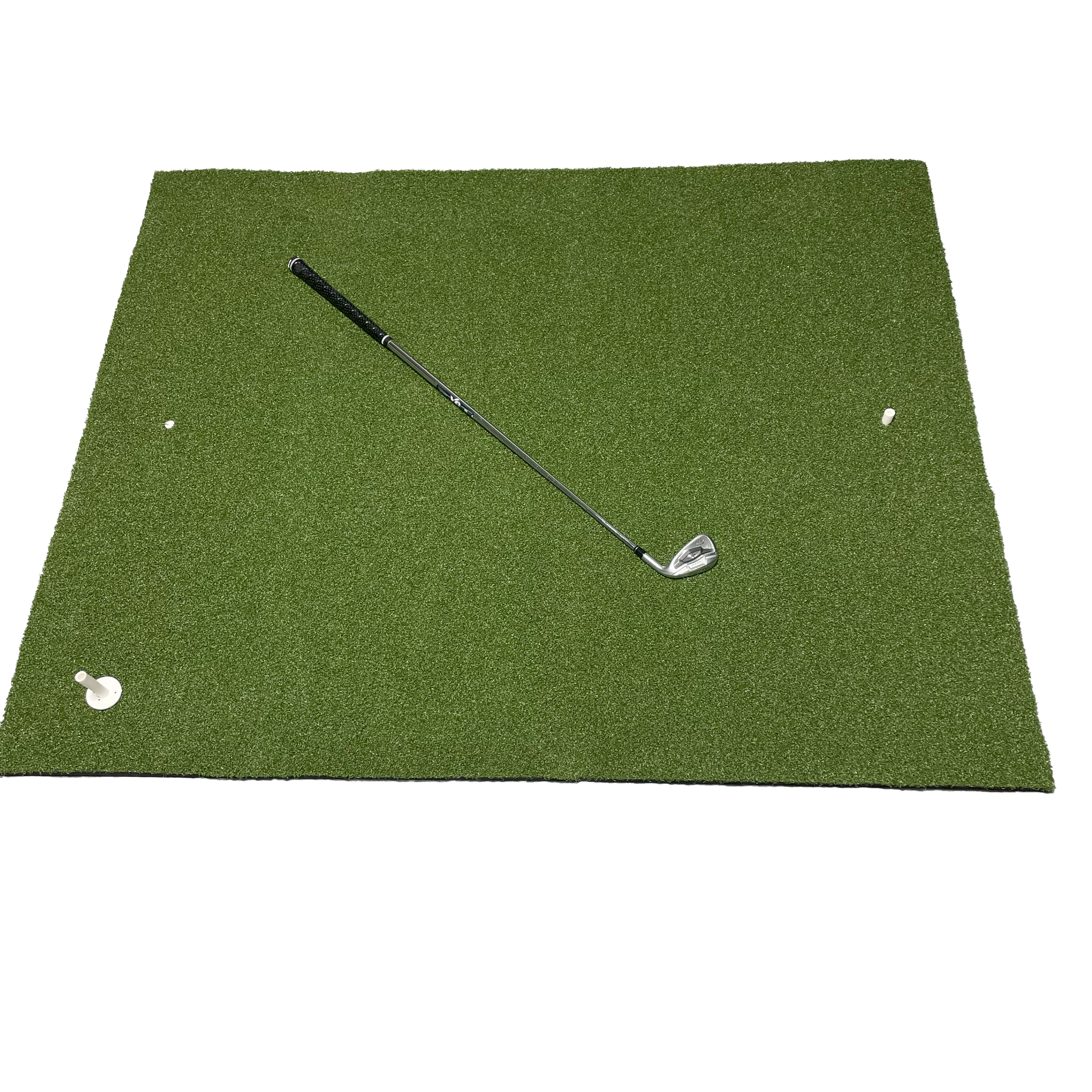 True Launch Hitting Mat 5′ x 5′, with a golf club laying across the mat.