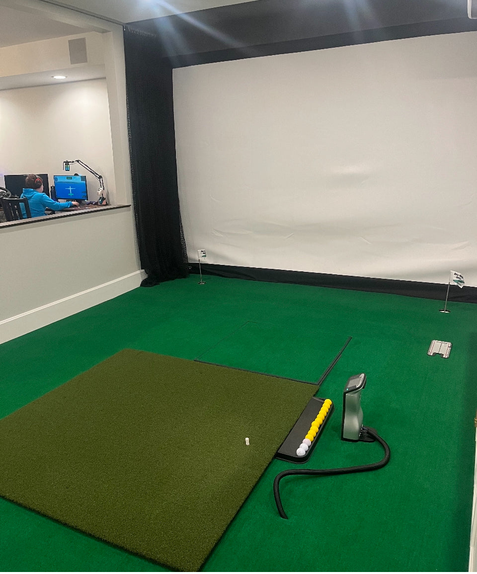 True Launch Hitting Mat 5′ x 5′ wit a simulator setup.