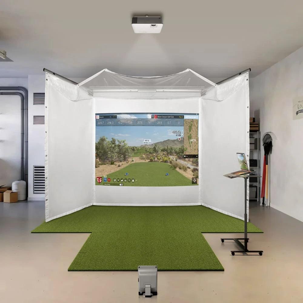 HomeCourse ProScreen 180 retractable enclosure ready for indoor golf practice